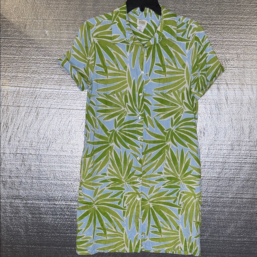 Sigrid Olsen Green and Blue Leaf Pattern Linen Dress